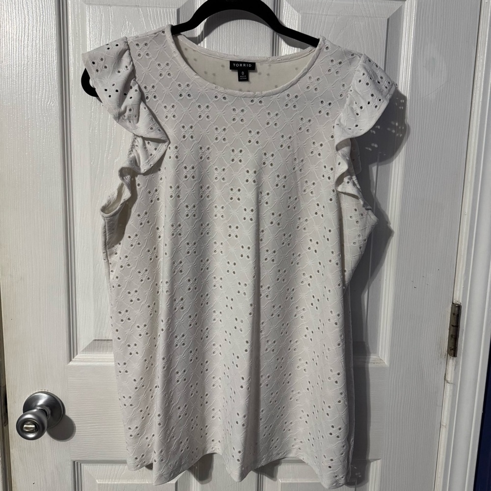 Eyelet Jersey Crew Neck Ruffle Top